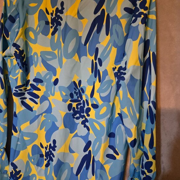 Estee Brown Dopamine Bright Floral Long-Sleeve Blouse flounce Cuffs V-Neckline M - Picture 8 of 9